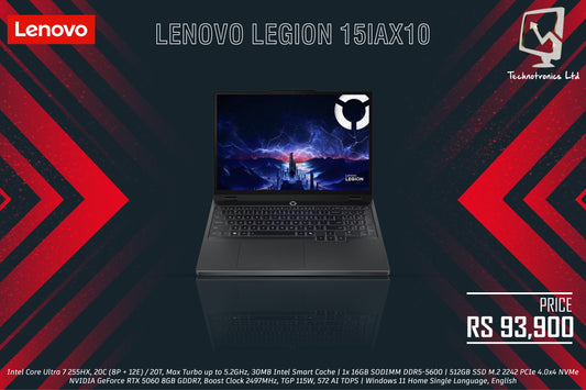 Lenovo Legion 15IAX10 | Intel Core Ultra 7 255HX, 20C (8P + 12E) / 20T, Max Turbo up to 5.2GHz, 30MB Intel Smart Cache | 1x 16GB SODIMM DDR5-5600 | 512GB SSD M.2 2242 PCIe 4.0x4 NVMe | NVIDIA GeForce RTX 5060 8GB GDDR7