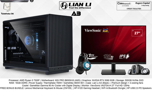 LIAN LI A3 GAMING SET | AMD Ryzen 5 7500F | RAM: 16GB DDR5 | Graphics: NVIDIA RTX 5060 8GB | Storage: 500GB NVMe SSD