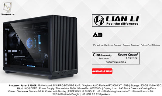 Lian LI A3 Tower | Processor: AMD Ryzen 5 7500F | Graphics: AMD Radeon RX 9060 XT 16GB | Storage: 500GB NVMe SSD RAM: 16GB  DDR5
