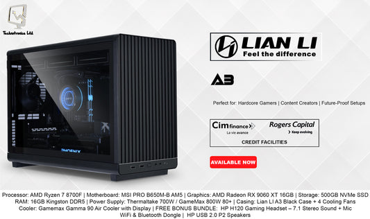 Lian LI A3 Tower | Processor: AMD Ryzen 7 8700F | Graphics: AMD Radeon RX 9060 XT 16GB | Storage: 500GB NVMe SSD RAM: 16GB Kingston DDR5