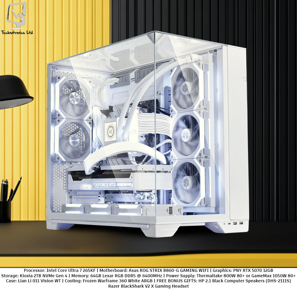 Lian Li 011 Vision WT | Processor: Intel Core Ultra 7 265KF | Motherboard: Asus ROG STRIX B860-G GAMING WIFI | Graphics: PNY RTX 5070 12GB Storage: Kioxia 2TB NVMe Gen 4 | Memory: 64GB Lexar RGB DDR5