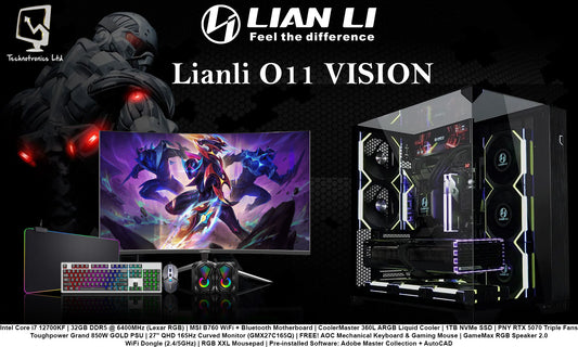 Lianli O11 VISION Set | Processor: Intel Core i7 12700KF | RAM: 32GB DDR5 @ 6400MHz (Lexar RGB) | Storage: 1TB NVMe SSD | Graphics: PNY RTX 5070 Triple Fans