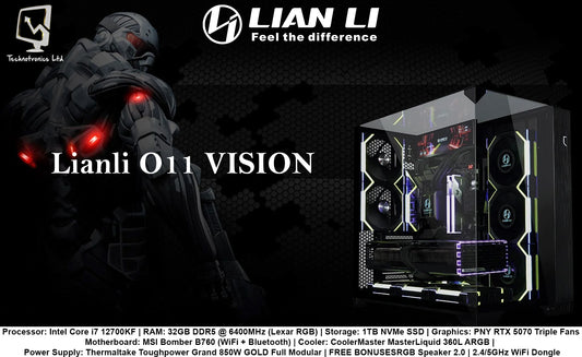Lianli O11 VISION Tower | Processor: Intel Core i7 12700KF | RAM: 32GB DDR5 @ 6400MHz (Lexar RGB) | Storage: 1TB NVMe SSD | Graphics: PNY RTX 5070 Triple Fans