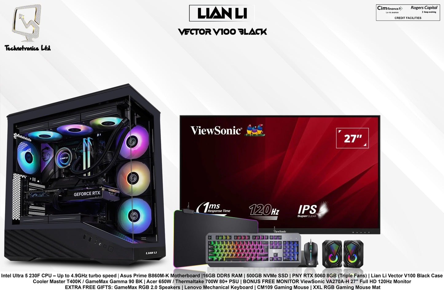Lian Li Vector V100 Black Edition Gaming Set | Intel Ultra 5 230F CPU | 16GB DDR5 RAM | 500GB NVMe SSD | PNY RTX 5060 8GB (Triple Fans)