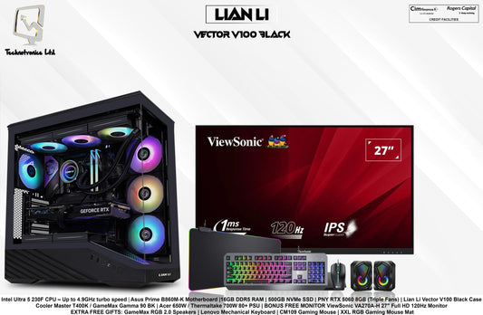 Lian Li Vector V100 Black Edition Gaming Set | Intel Ultra 5 230F CPU | 16GB DDR5 RAM | 500GB NVMe SSD | PNY RTX 5060 8GB (Triple Fans)