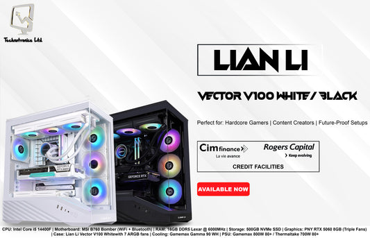 Lian Li Vector V100 White/Black Edition Gaming Tower | CPU: Intel Core i5 14400F | RAM: 16GB DDR5 | Storage: 500GB NVMe SSD | Graphics: PNY RTX 5060 8GB (Triple Fans)