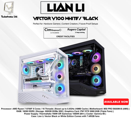 Lian Li Vector (Black / White) Gaming Tower | Processor: AMD Ryzen 7 8700F | RAM: 16GB DDR5 | Storage: 500GB NVMe SSD | Graphics Card: PNY RTX 5060 8GB (Triple Fans)