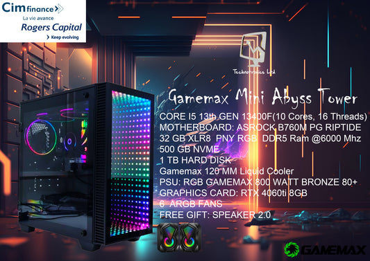 Gamemax Mini Abyss Tower, Core I5 13th Gen, 500 GB NVMe, 32 GB Ram DDR5, RTX 4060ti 8GB