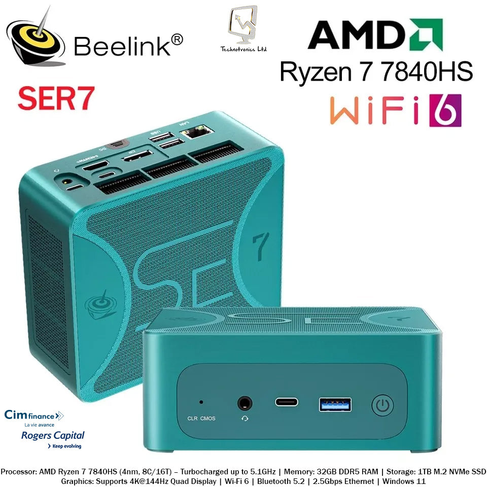 Beelink SER7 Mini PC, AMD Ryzen 7 7840HS, 32GB DDR5 , AMD Radeon™ 780M, RAM 1TB M.2 NVME , WiFi6/BT5.2,W-11 Pro