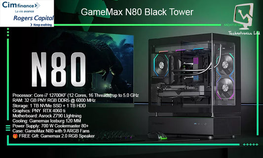 GameMax N80 Black Tower | Core i7 12700KF| 32GB PNY RGB DDR5 | 1TB NVMe SSD + 1 TB HDD | Graphics: Rtx 4060ti