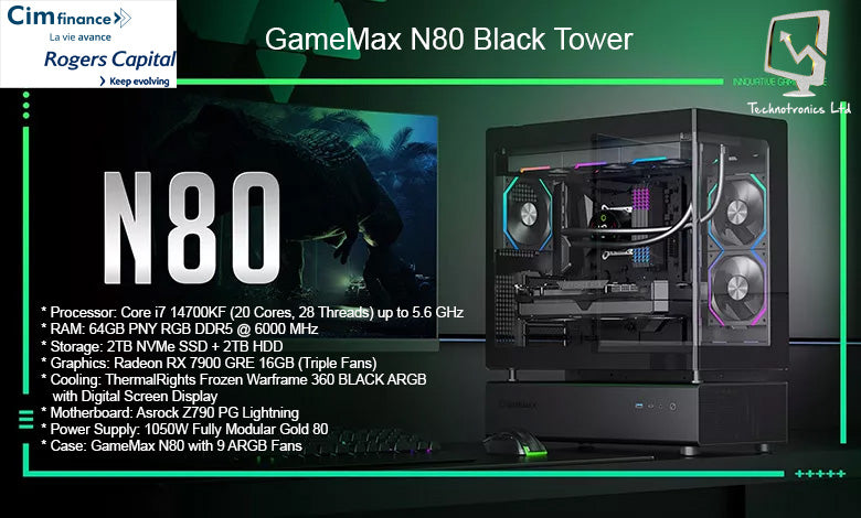 GameMax N80 Black Tower | Core i7 14700KF| 64GB PNY RGB DDR5 | 2TB NVMe SSD + 2TB HDD | Graphics: Radeon RX 7900 GRE 16GB