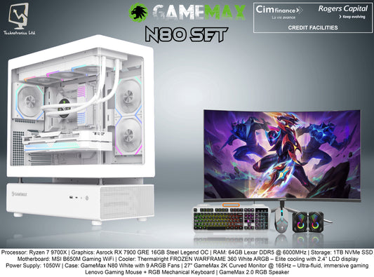 GameMax N80 White SET | Processor: Ryzen 7 9700X | Graphics: Asrock RX 7900 GRE 16GB Steel Legend OC | RAM: 64GB Lexar DDR5 @ 6000MHz | Storage: 1TB NVMe SSD