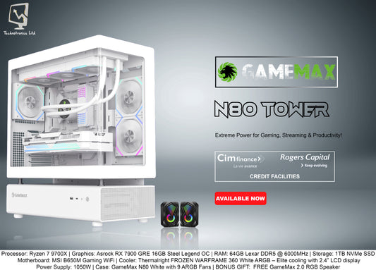 GameMax N80 White Tower | Processor: Ryzen 7 9700X | Graphics: Asrock RX 7900 GRE 16GB Steel Legend OC | RAM: 64GB Lexar DDR5 @ 6000MHz | Storage: 1TB NVMe SSD