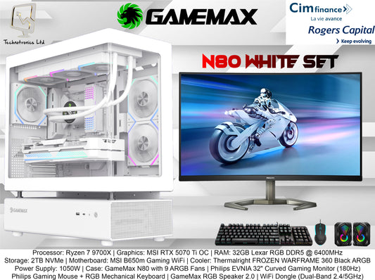 GameMax N80 White Set | Processor: Ryzen 7 9700X | Graphics Card: MSI RTX 5070 Ti OC | RAM: 32GB Lexar RGB DDR5 | Storage: 2TB NVMe