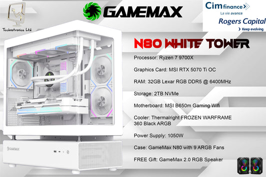 GameMax N80 White Tower | Processor: Ryzen 7 9700X | Graphics Card: MSI RTX 5070 Ti OC | RAM: 32GB Lexar RGB DDR5 | Storage: 2TB NVMe