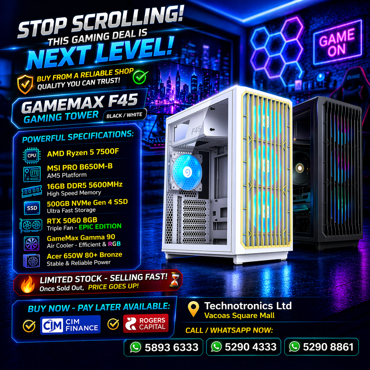 Gamemax F45 Gaming Tower|Ryzen 5 7500F|16GB DDR5 RAM| 500GB NVMe | RTX 5060 Triple fans Epic Edition