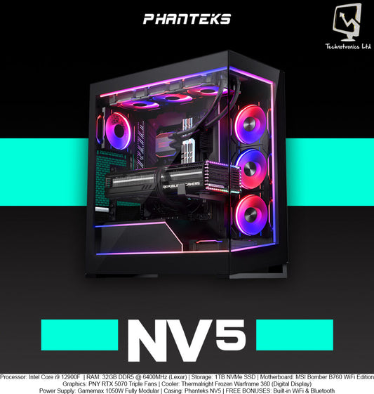 Phanteks NV5 Tower | Processor: Intel Core i9 12900F  | RAM: 32GB DDR5 @ 6400MHz (Lexar) | Storage: 1TB NVMe SSD | Graphics: PNY RTX 5070 Triple Fans
