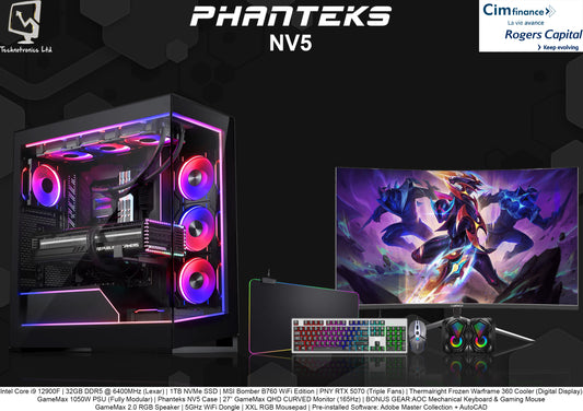 Phanteks NV5 Set | Processor: Intel Core i9 12900F | RAM: 32GB DDR5 @ 6400MHz (Lexar) | Storage: 1TB NVMe SSD | Graphics: PNY RTX 5070 Triple Fans