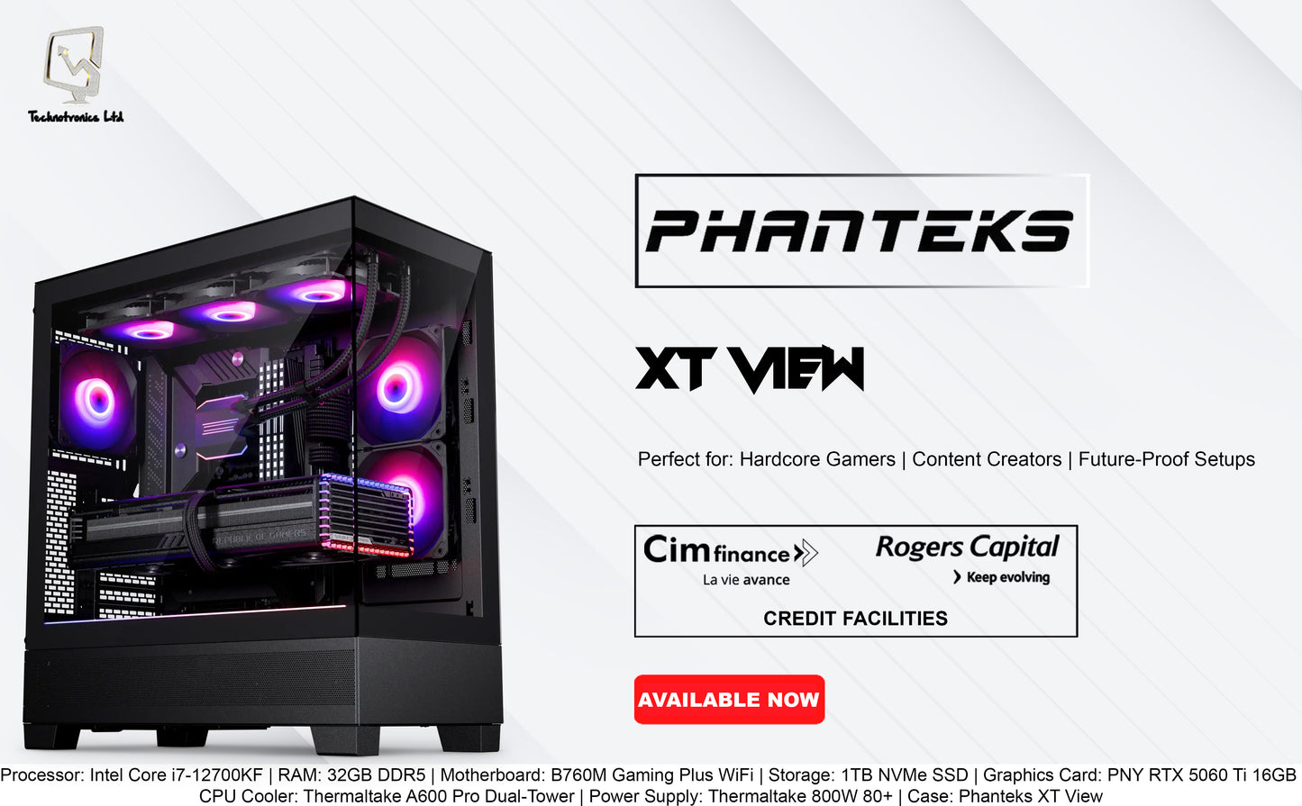 PHANTEKS XT VIEW Tower | Processor: Intel Core i7-12700KF | RAM: 32GB DDR5 | Storage: 1TB NVMe SSD | Graphics Card: PNY RTX 5060 Ti 16GB