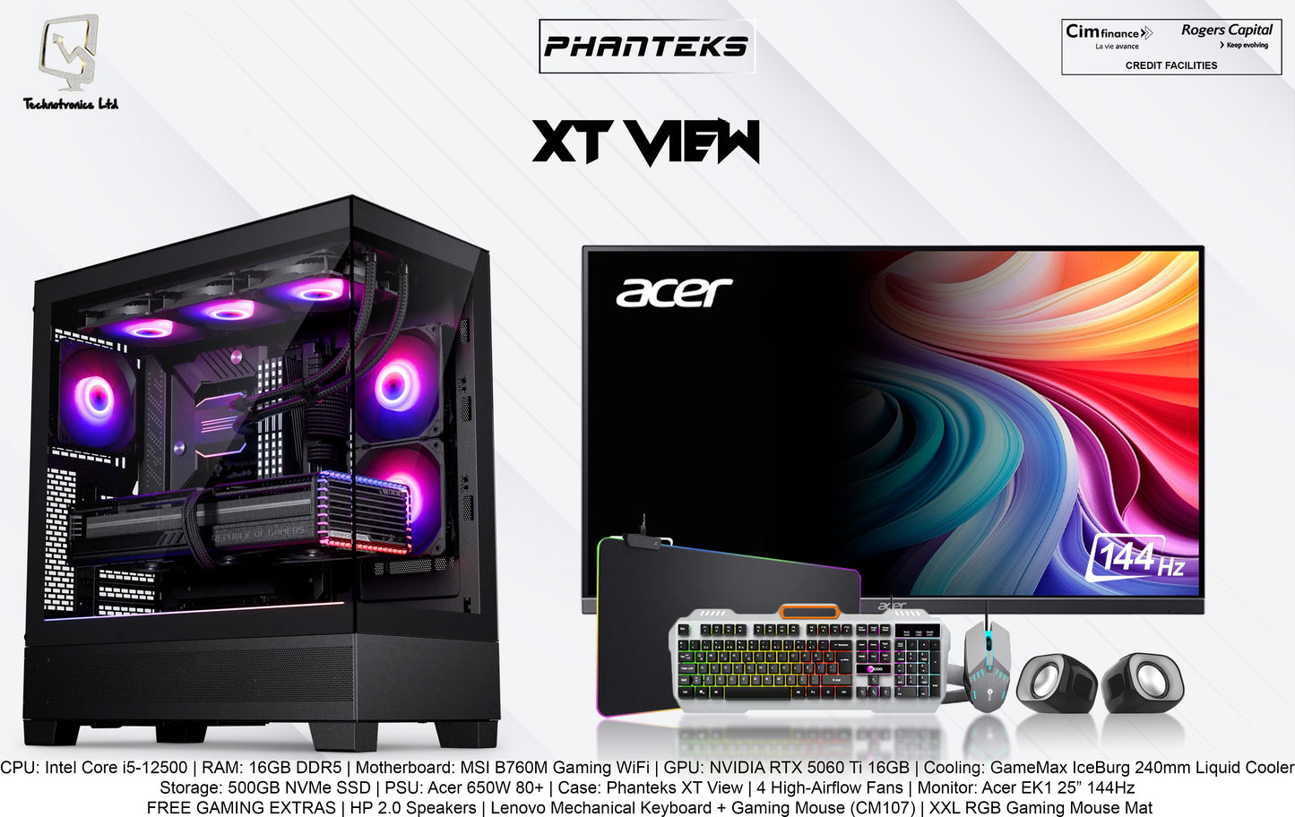 PHANTEKS XT VIEW Set | CPU: Intel Core i5-12500 | RAM: 16GB DDR5 | Storage: 500GB NVMe SSD | Graphics Card: RTX 5060 Ti 16GB