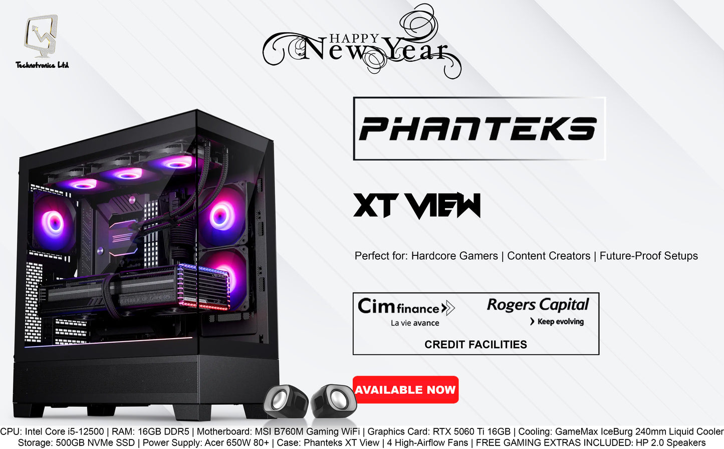 PHANTEKS XT VIEW Tower | CPU: Intel Core i5-12500 | RAM: 16GB DDR5 | Storage: 500GB NVMe SSD | Graphics Card: RTX 5060 Ti 16GB
