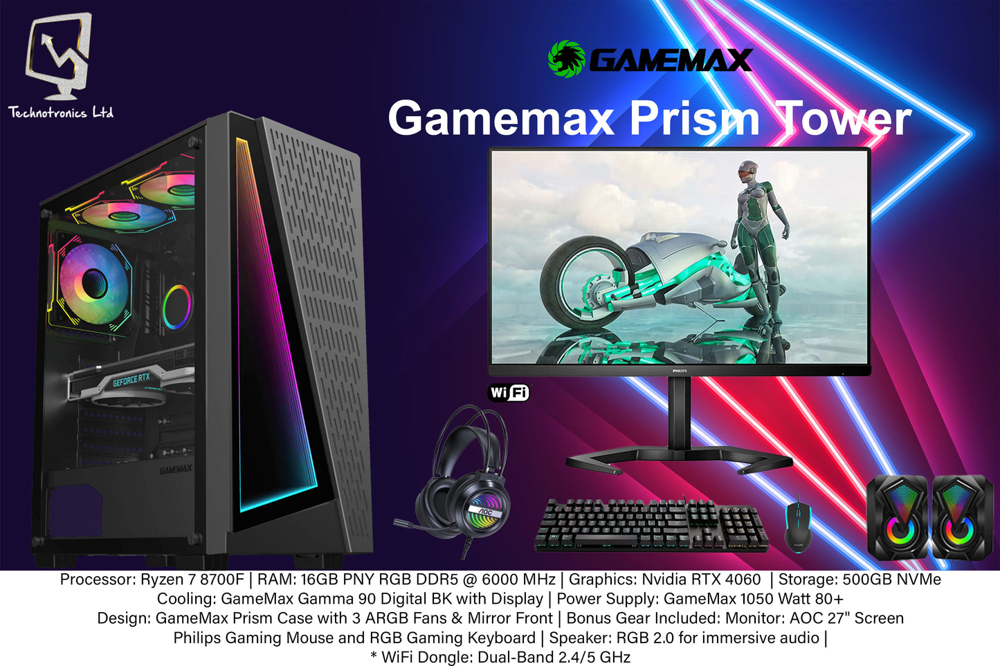 Prism Gaming Set |Ryzen 8700F| RAM: 16GB PNY RGB DDR5 | Graphics: Nvidia RTX 4060 | Storage: 500GB NVMe