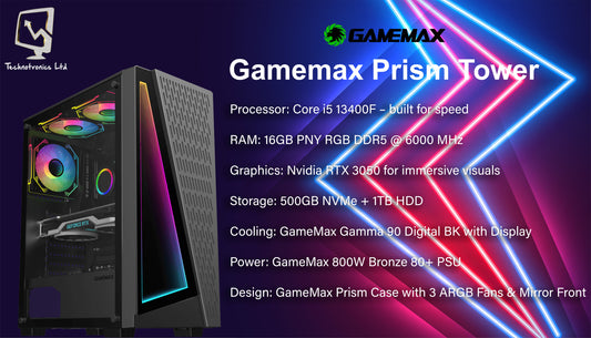 Prism Gaming Tower | Core i5 13400F | RAM: 16GB PNY RGB DDR5 | Graphics: Nvidia RTX 3050 | Storage: 500GB NVMe