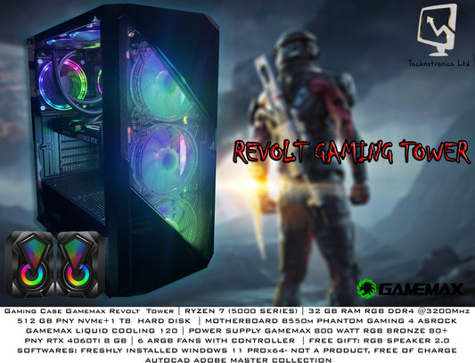 Gaming Case Gamemax Revolt  Tower, RYZEN 7 (5000 SERIES) 32 GB RAM RGB DDR4 @3200Mhz ,512 GB PNY NVMe+1 TB  HARD DISK, MOTHERBOARD B550m PHANTOM GAMING 4 ASROCK