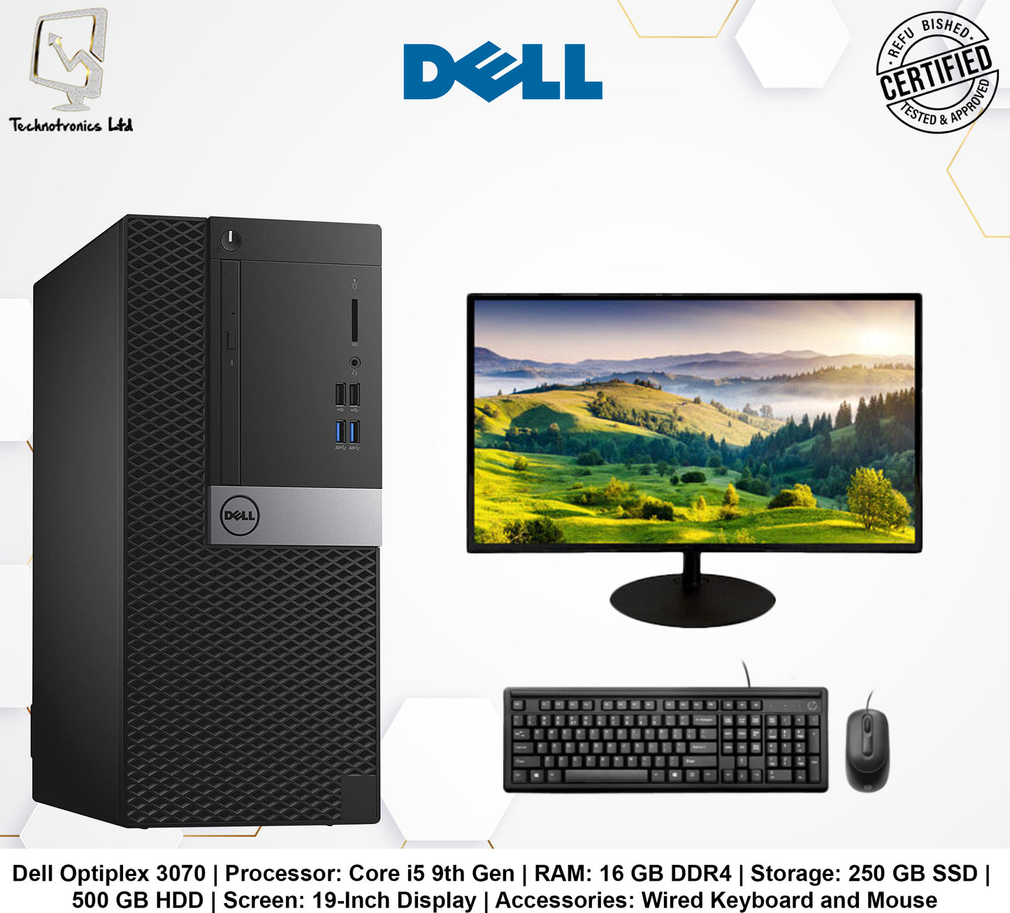 Dell Optiplex 3070 Set | Processor: Core i5 9th Gen | RAM: 16 GB DDR4 | Storage: 250 GB SSD |  500 GB HDD