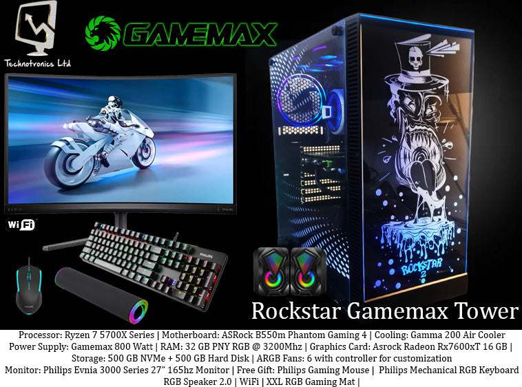 Gamemax Revolt Set, Ryzen 7 5700X Series, RAM: 32 GB PNY RGB @ 3200Mhz, Storage: 500 GB NVMe + 500 GB Hard Disk, Graphics Card: Asrock Radeon Rx7600xT 16 GB