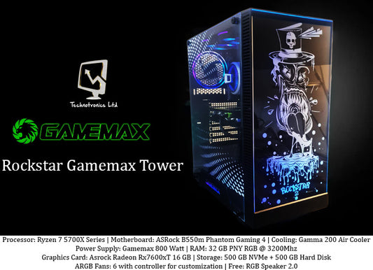 Gamemax Revolt Tower, Ryzen 7 5700X Series, RAM: 32 GB PNY RGB @ 3200Mhz, Storage: 500 GB NVMe + 500 GB Hard Disk, Graphics Card: Asrock Radeon Rx7600xT 16 GB
