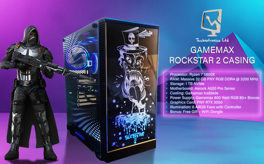 Gamemax Rockstar 2 Tower, Ryzen 7 5800X, 32 GB PNY RGB DDR4, 1 TB NVMe, Graphics Card: PNY RTX 3050