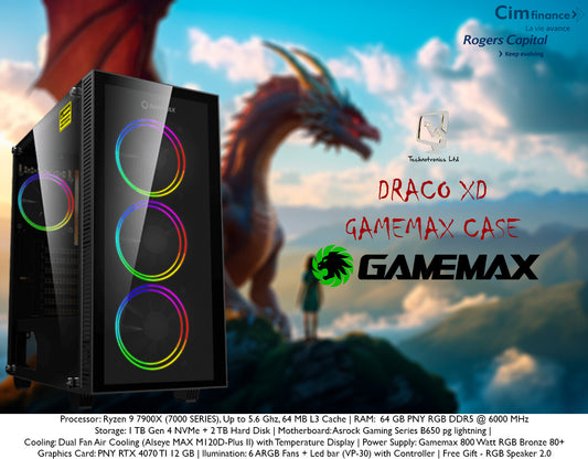Gamemax Draco xD Ryzen 9 7900x Tower, Ryzen 9 7900X (7000 SERIES), 64 GB Ram PNY RGB DDR5 @ 6000 MHz, 1 TB Gen 4 NVMe + 2 TB Hard Disk, Graphics Card: PNY RTX 4070 TI 12 GB