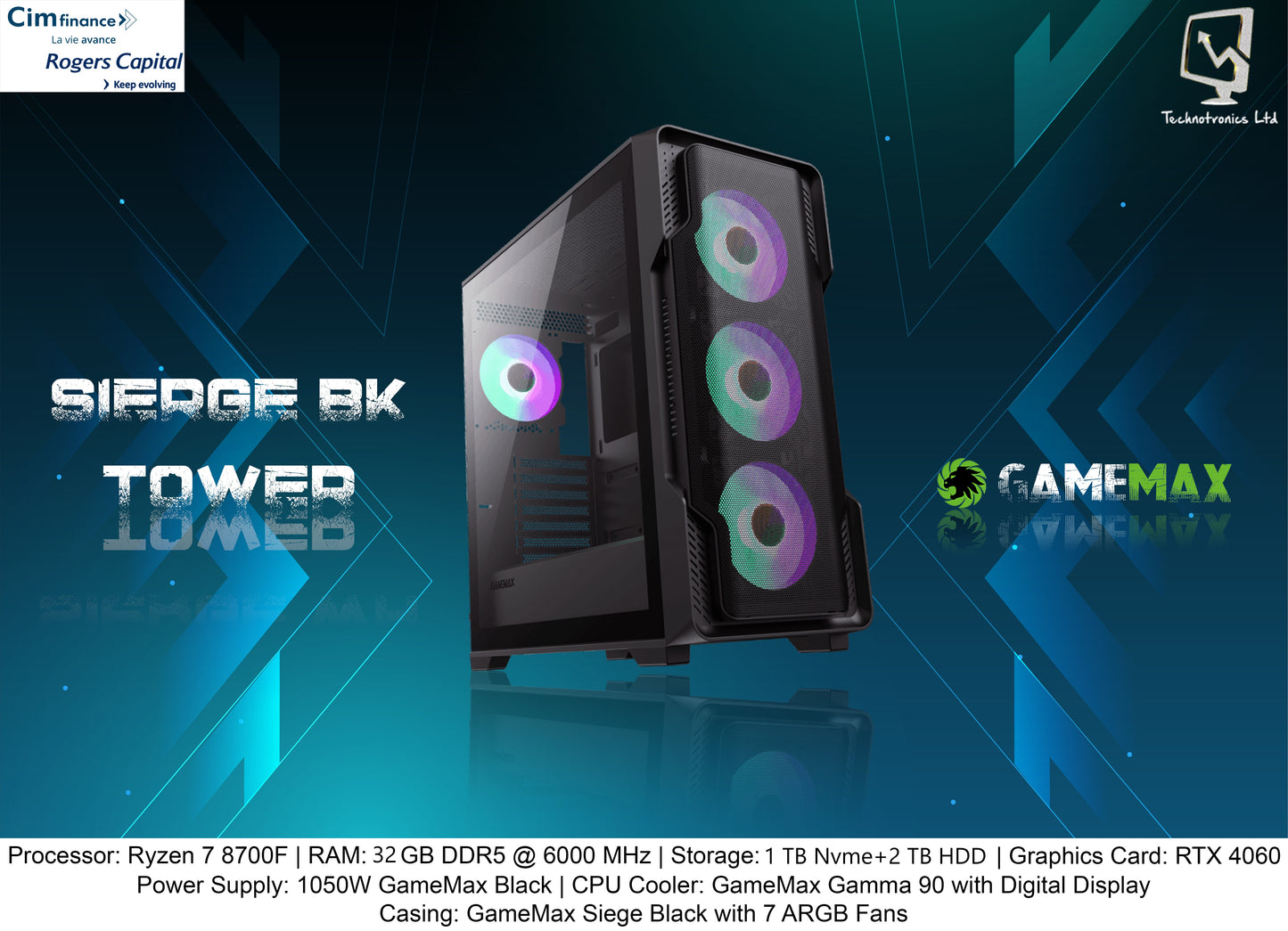 SIERGE BK TOWER | Processor: Ryzen 7 8700F | RAM: 32 GB DDR5 @ 6000 MHz | Storage: 1 TB  Nvme +2 TB Hard Disk | Graphics Card: RTX 4060