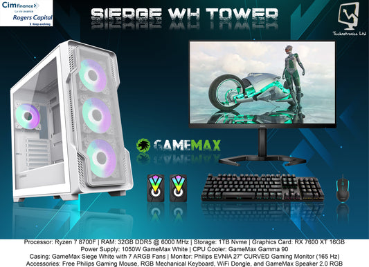 SIERGE WH SET | Processor: Ryzen 7 8700F | RAM: 32GB DDR5 @ 6000 MHz | Storage: 1TB Nvme | Graphics Card: RX 7600 XT 16GB