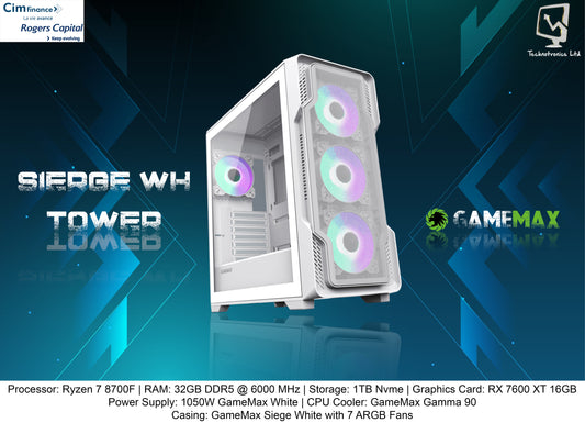 SIERGE WH TOWER | Processor: Ryzen 7 8700F | RAM: 32GB DDR5 @ 6000 MHz | Storage: 1TB Nvme | Graphics Card: RX 7600 XT 16GB