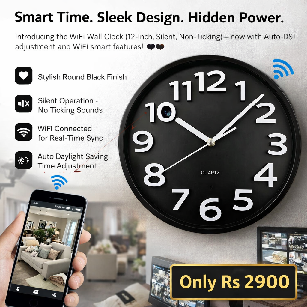 Spy Camera WiFi Wall Clock (12-Inch, Silent, Non-Ticking)
