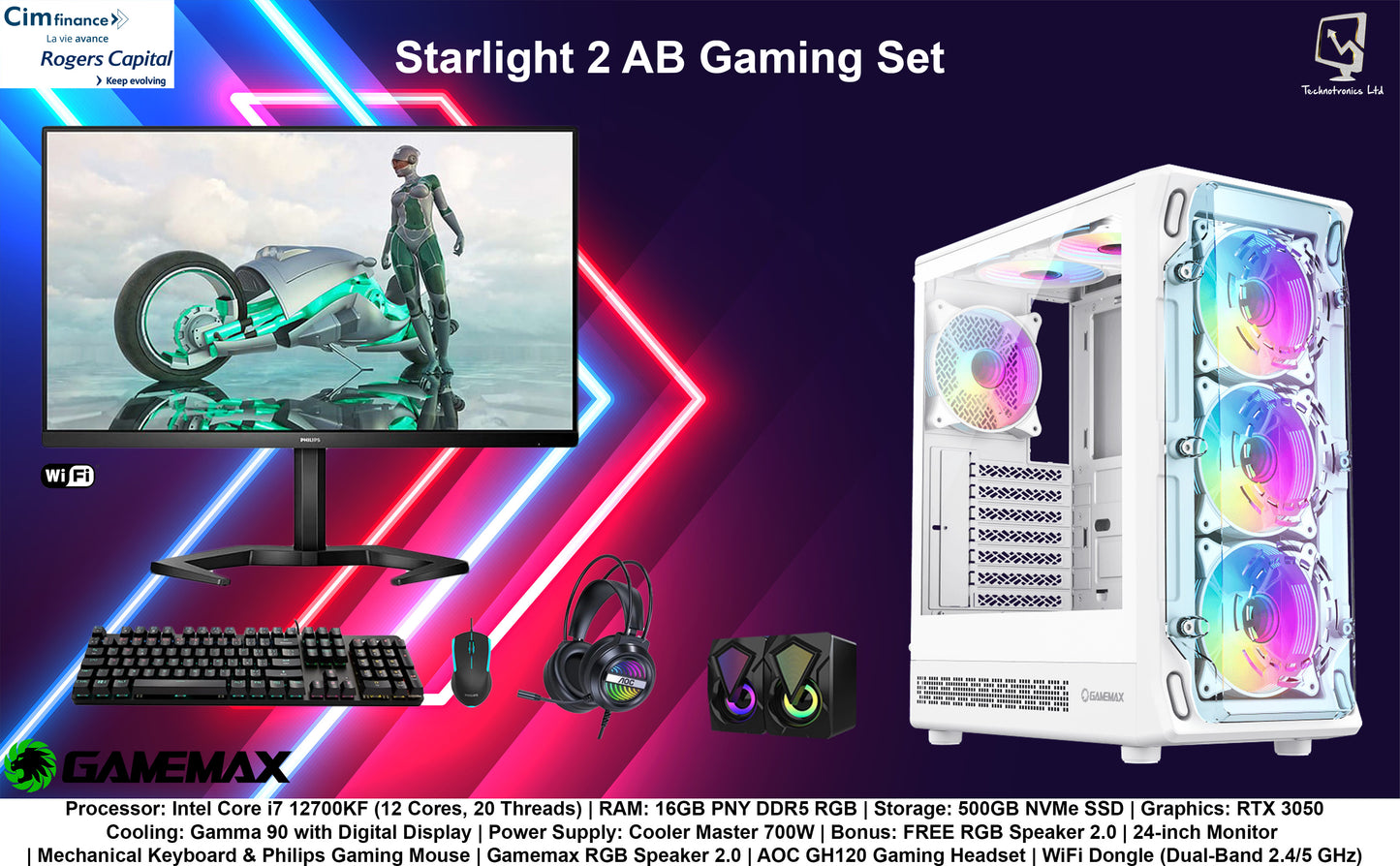 Starlight 2 WHITE Gaming SET| Processor: Intel Core i7 12700KF (12 Cores, 20 Threads) | RAM: 16GB PNY DDR5 RGB | Storage: 500GB NVMe SSD | Graphics: RTX 3050