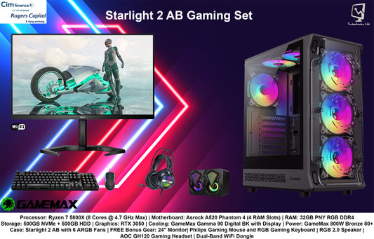 Starlight 2 AB Gaming Set | Ryzen 7 5800X | RAM: 32GB PNY RGB DDR4 | Storage: 500GB NVMe + 500GB HDD