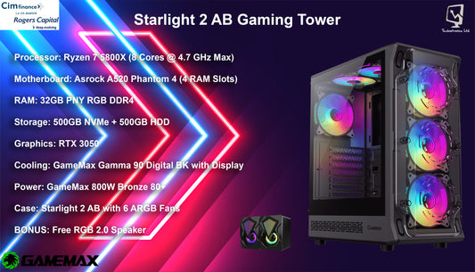 Starlight 2 AB Gaming Tower | Ryzen 7 5800X | RAM: 32GB PNY RGB DDR4 | Storage: 500GB NVMe + 500GB HDD | Graphics: RTX 3050