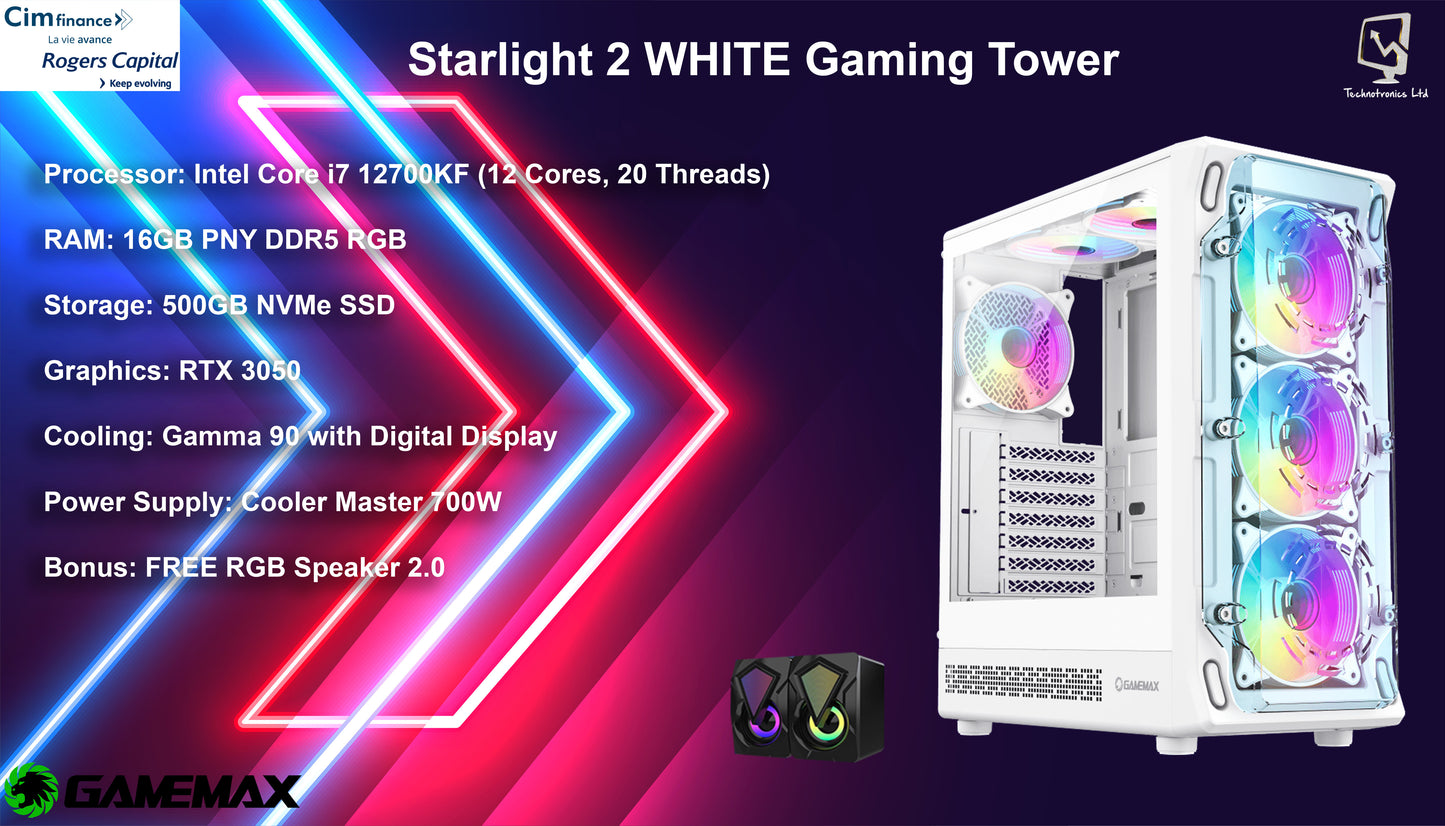 Starlight 2 WHITE Gaming Tower | Processor: Intel Core i7 12700KF (12 Cores, 20 Threads) | RAM: 16GB PNY DDR5 RGB | Storage: 500GB NVMe SSD | Graphics: RTX 3050