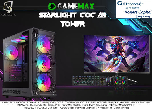 Gamemax Starlight  Black Tower SET | Intel Core i5 14400F (10 Cores, 16 Threads) | 16GB  DDR5 Ram | 500 GB  NVMe SSD | RTX 5060 8 GB