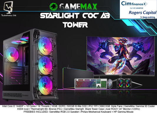 Gamemax Starlight  Black Tower SET | Intel Core i5 14400F (10 Cores, 16 Threads) | 16GB  DDR5 Ram | 500 GB  NVMe SSD | RTX 5060 8 GB