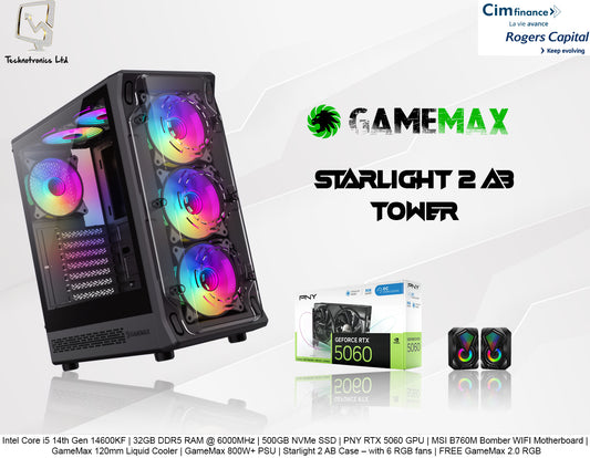 Starlight 2 AB Tower | Intel Core i5 14th Gen 14600KF | 32GB DDR5 RAM @ 6000MHz | 500GB NVMe SSD | PNY RTX 5060 GPU