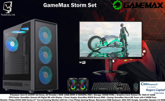 GameMax Storm Set| Core i5 13400F | RAM: 16GB DDR5 | Storage: 500GB NVMe | Graphics Card: Radeon RX 7600 XT 16GB