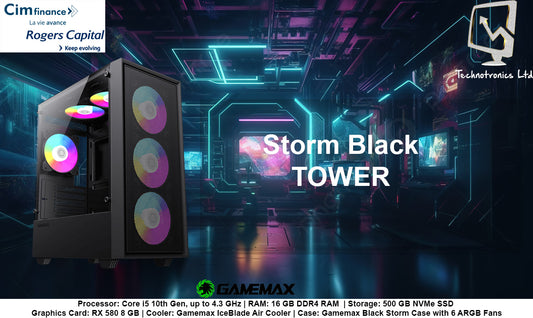 Black Storm Gamemax Tower | Processor: Core i5 10th Gen, up to 4.3 GHz | RAM: 16 GB DDR4 RAM  | Storage: 500 GB NVMe SSD  Graphics Card: RX 580 8 GB