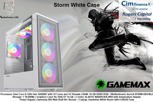 White Storm Gaming Tower | Intel Core i5 12th Gen 12600KF | 16 GB RAM DDR5 | 1 TB NVMe | Graphics Card: Rx 7600 XT 16 GB