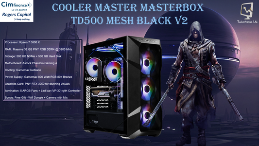 Cooler Master MasterBox TD500 Mesh Black V2 Tower | Processor: Ryzen 7 5800 X | RAM: 32 GB PNY RGB DDR4 @ 3200 MHz | Storage: 500 GB NVMe + 500 GB Hard Disk | Graphics Card: PNY RTX 3050 |
