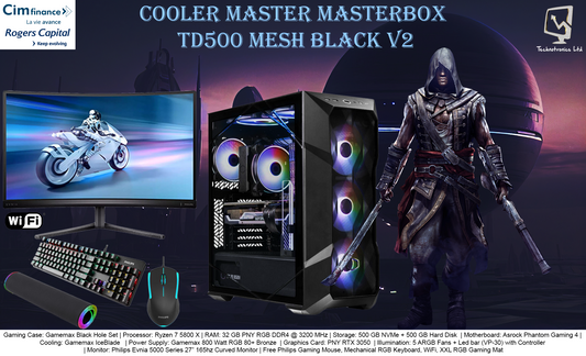 Cooler Master MasterBox TD500 Mesh Black V2  Set| Processor: Ryzen 7 5800 X | RAM: 32 GB PNY RGB DDR4 @ 3200 MHz | Storage: 500 GB NVMe + 500 GB Hard Disk | Graphics Card: PNY RTX 3050 |