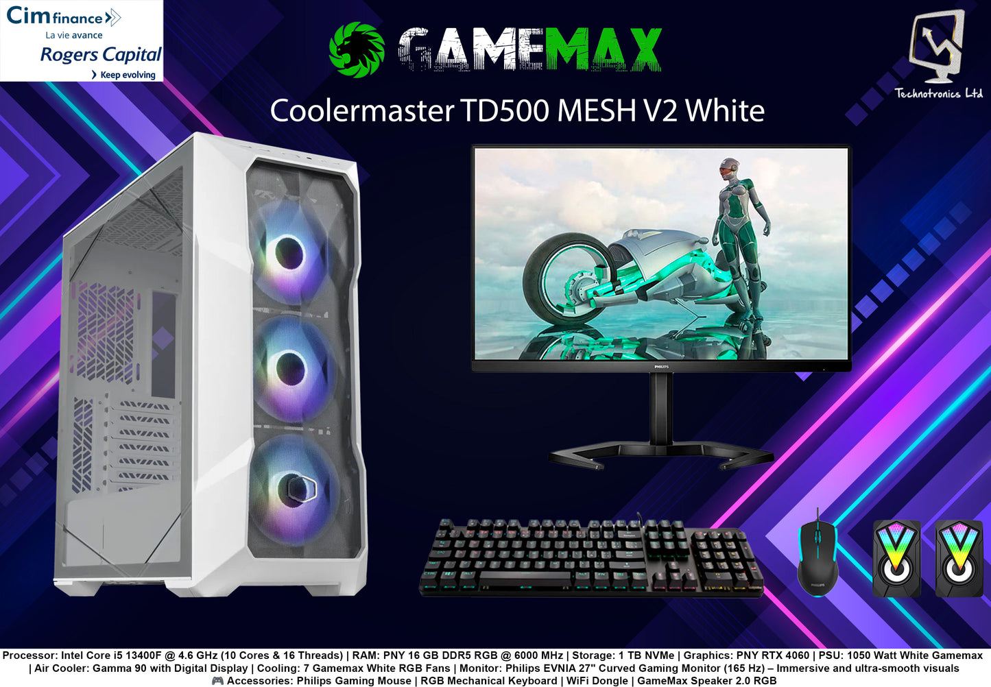 Coolermaster TD500 MESH V2 White-Core i5 13400F, 16 GB ram DDR5, 1 TB NVME, 1050 Watt PSU White,PNY RTX 4060